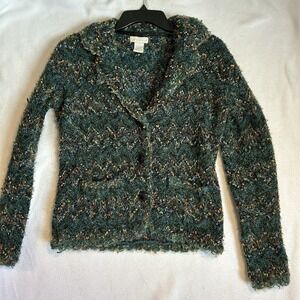 Tweeds Womans Cardigan 3 Button Collared Green Multicolored Loose Woven Size S